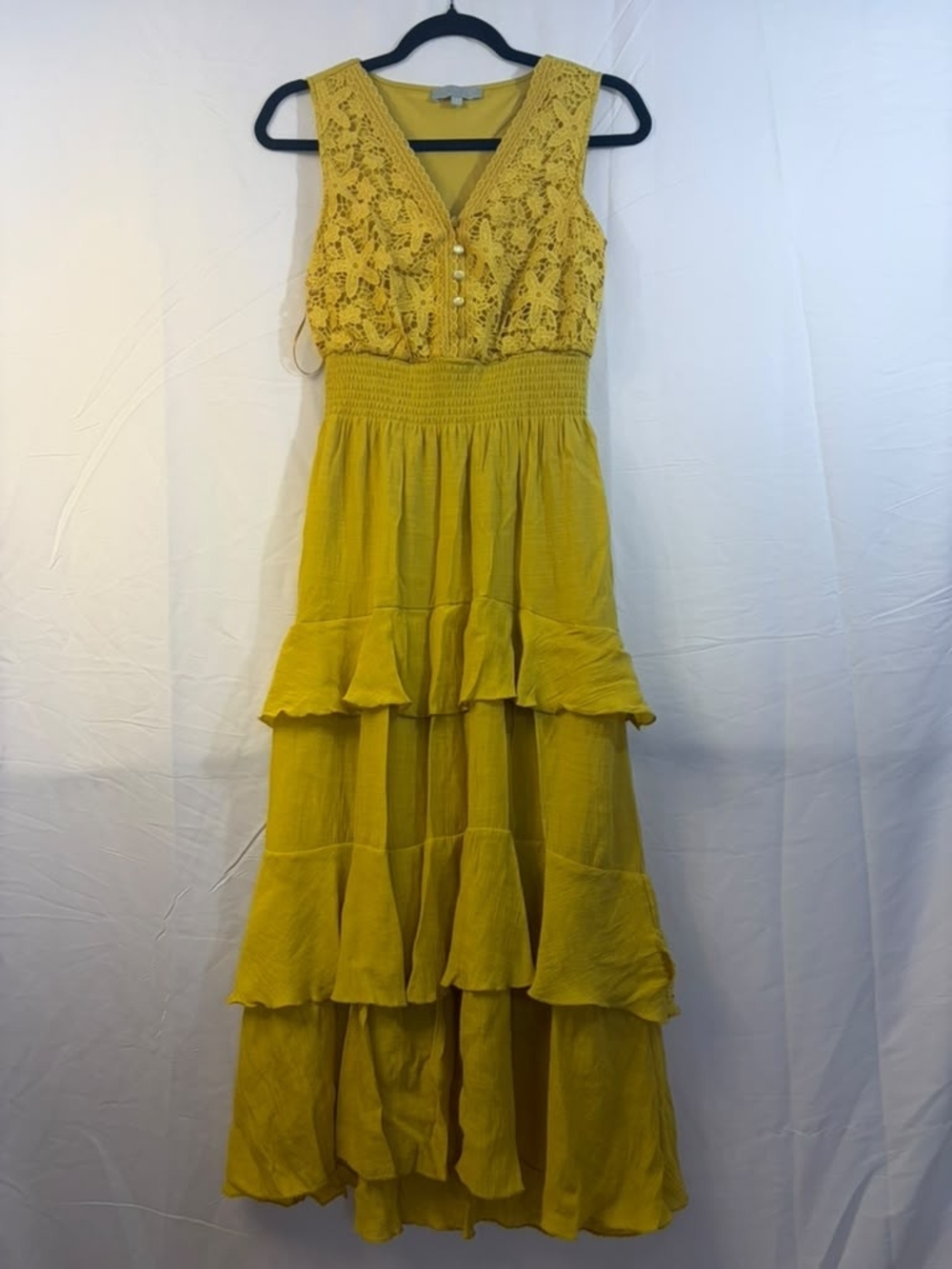 Sleeveless Mustard Lace Tiered Maxi Dress